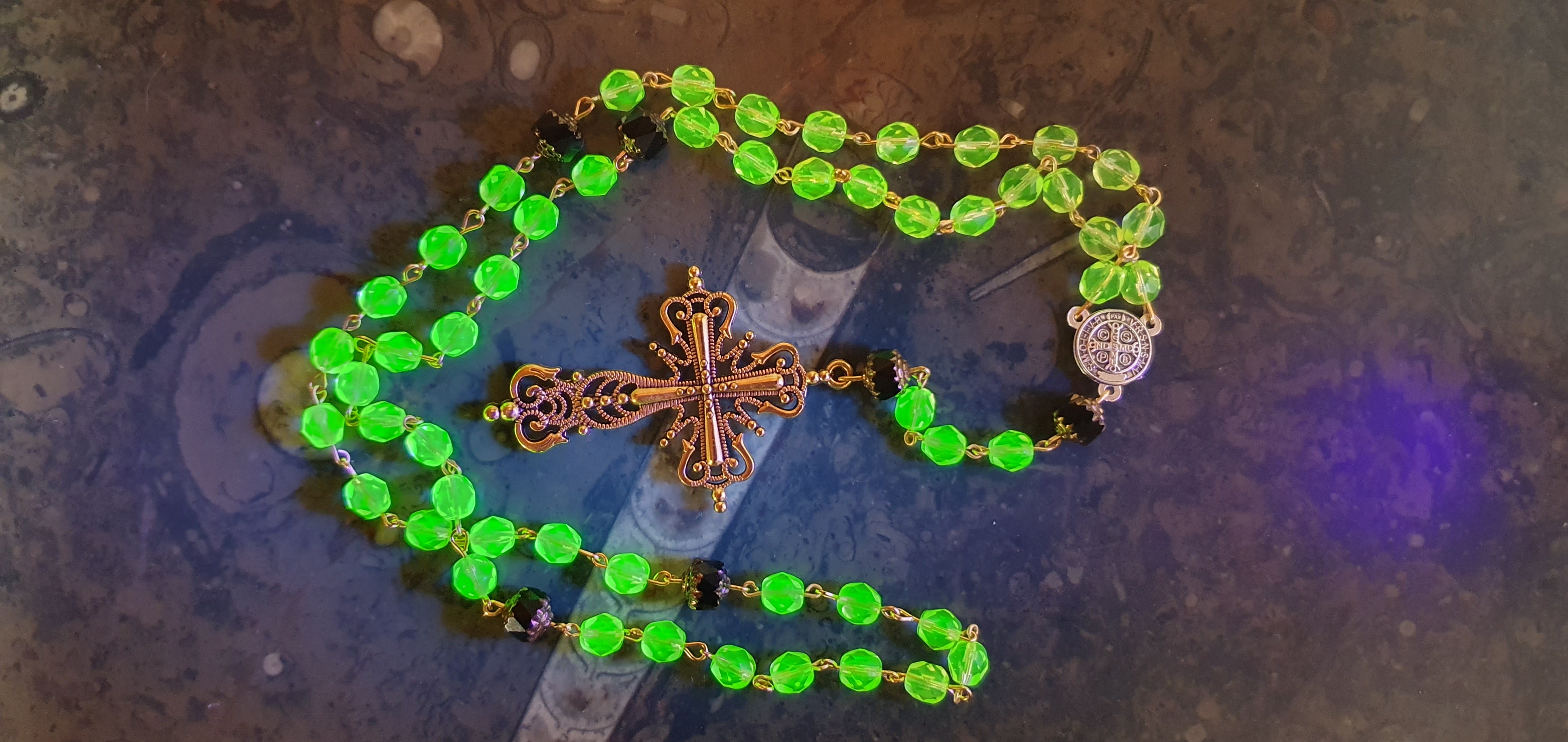 Rosary with Czech uranium glass store beads and UV keychain flashlight