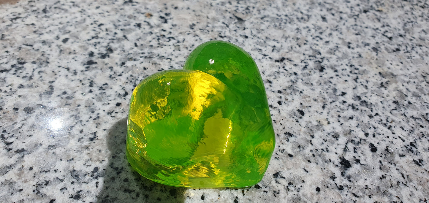 Uranium glass HEART paperweight, collectible vaseline glass