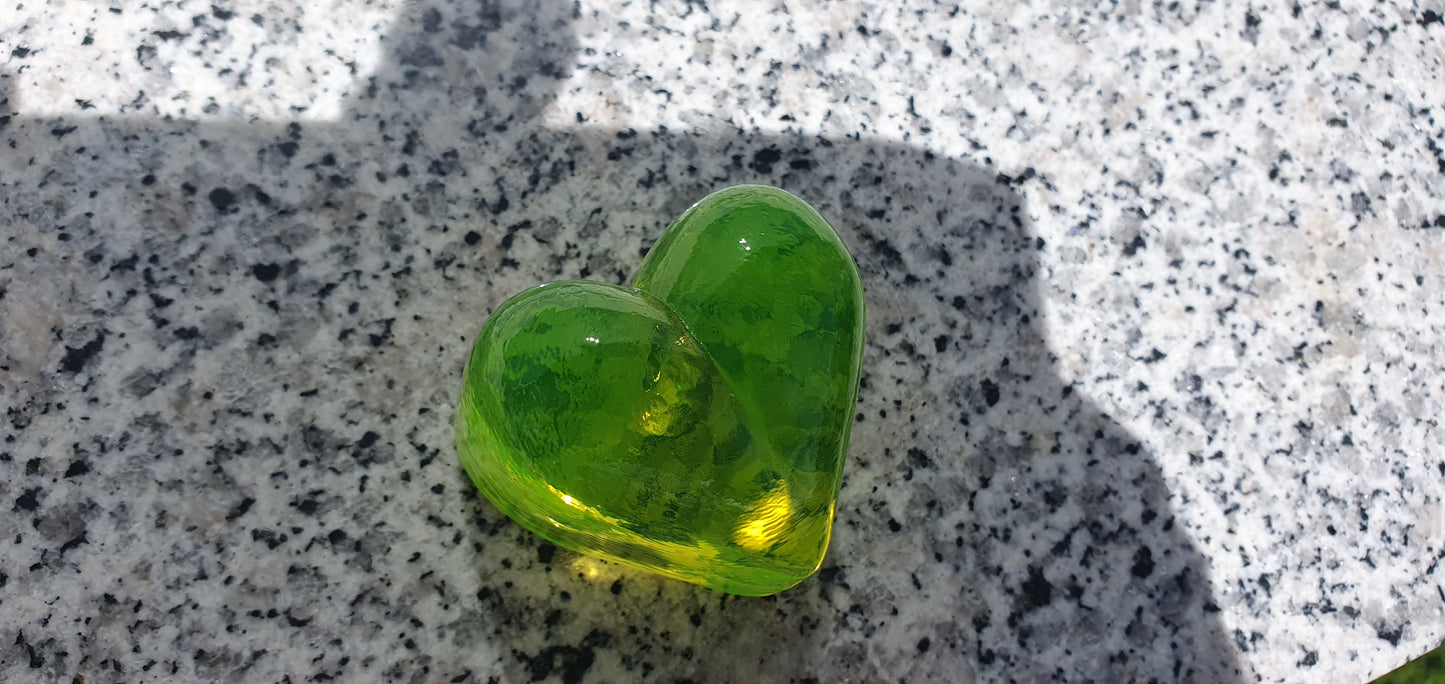 Uranium glass HEART paperweight, collectible vaseline glass