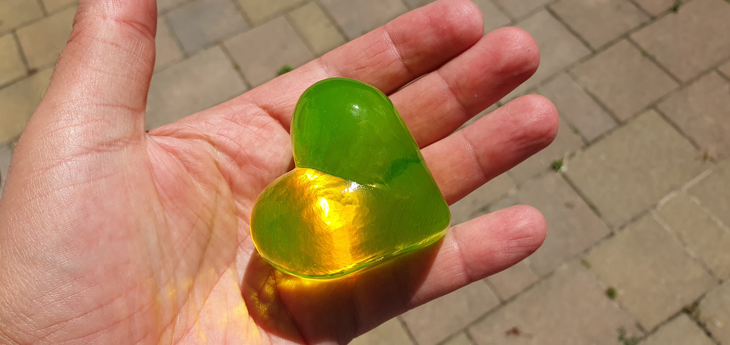 Uranium glass HEART paperweight, collectible vaseline glass