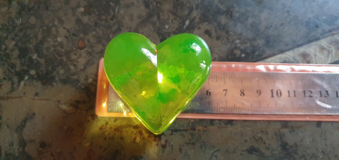 Uranium glass HEART paperweight, collectible vaseline glass