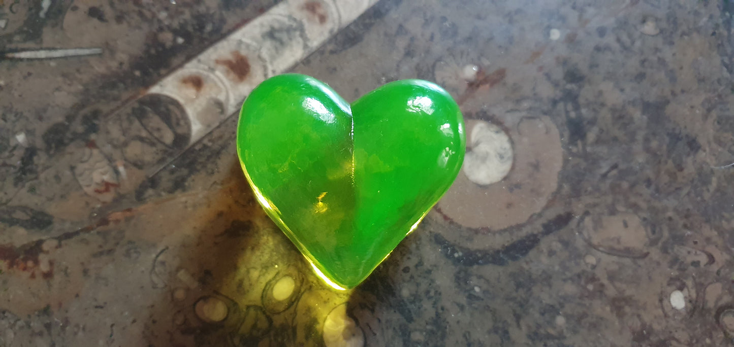 Uranium glass HEART paperweight, collectible vaseline glass