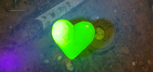 Uranium glass HEART paperweight, collectible vaseline glass