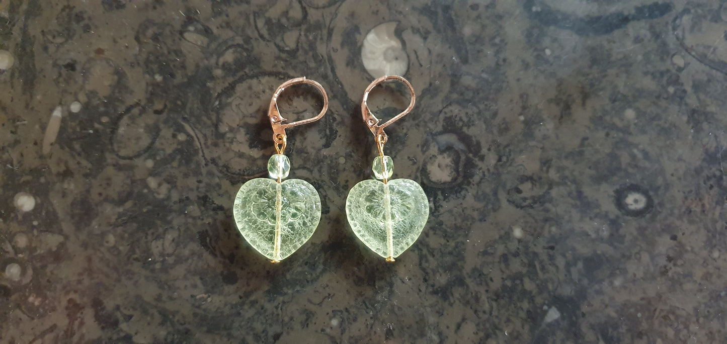 Uranium glass earrings heart shaped #24084