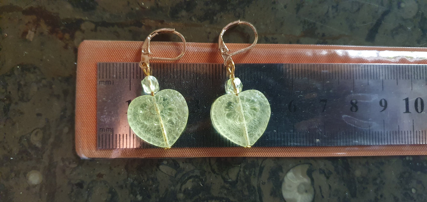 Uranium glass earrings heart shaped #24084