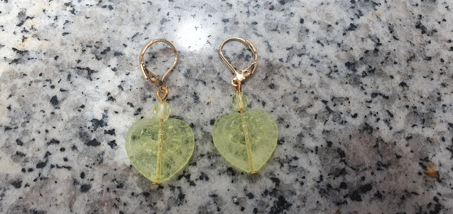 Uranium glass earrings heart shaped #24084