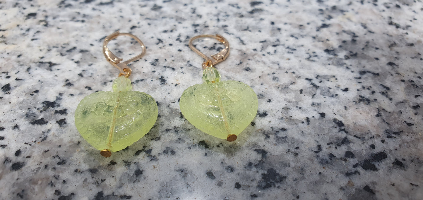 Uranium glass earrings heart shaped #24084