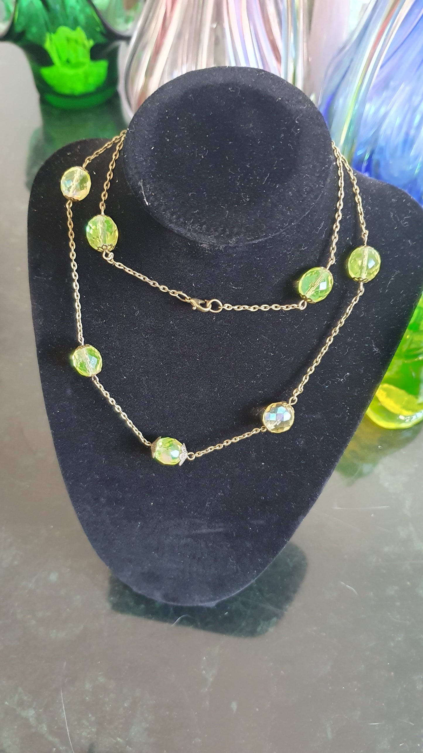 Uranium glass necklace vaseline glass beads handmade #24087