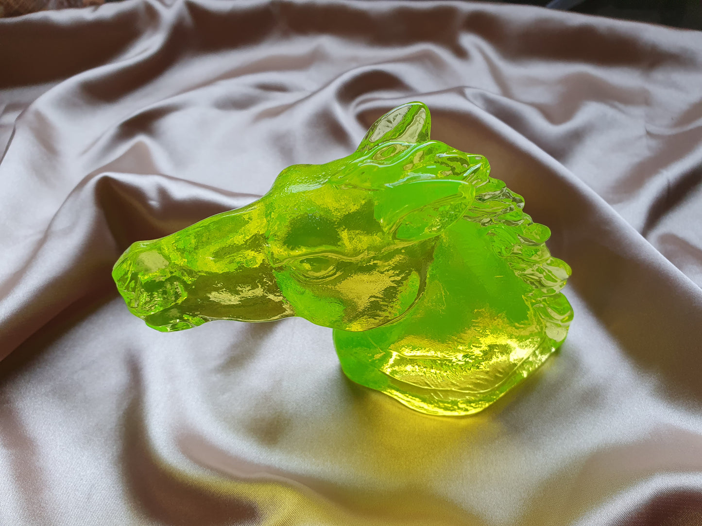 Glowing Uranium glass horse head sculpture