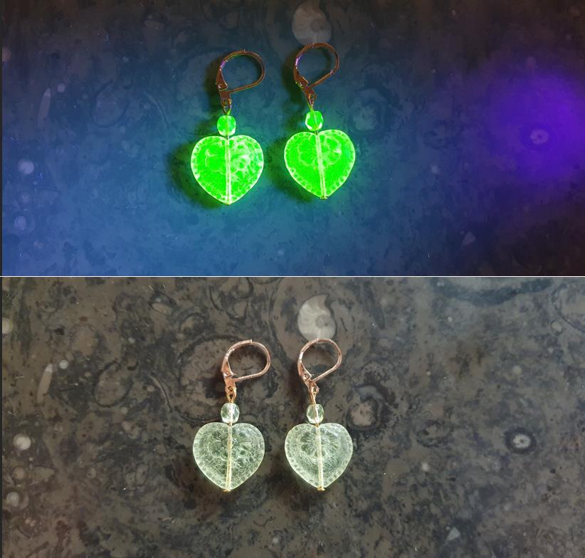 Uranium glass earrings heart shaped #24084