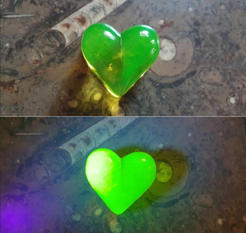 Uranium glass HEART paperweight, collectible vaseline glass