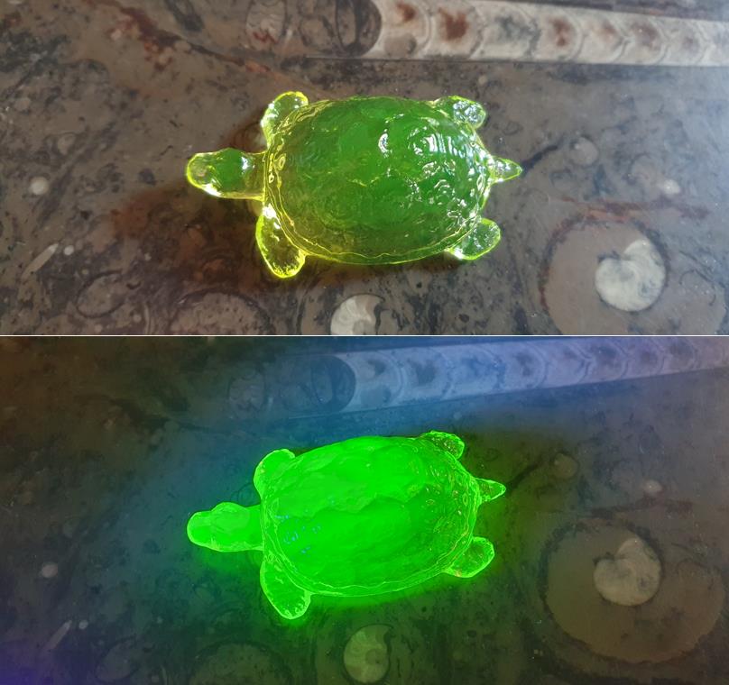 Uranium glass Turtle vaseline glass figure UV reactive