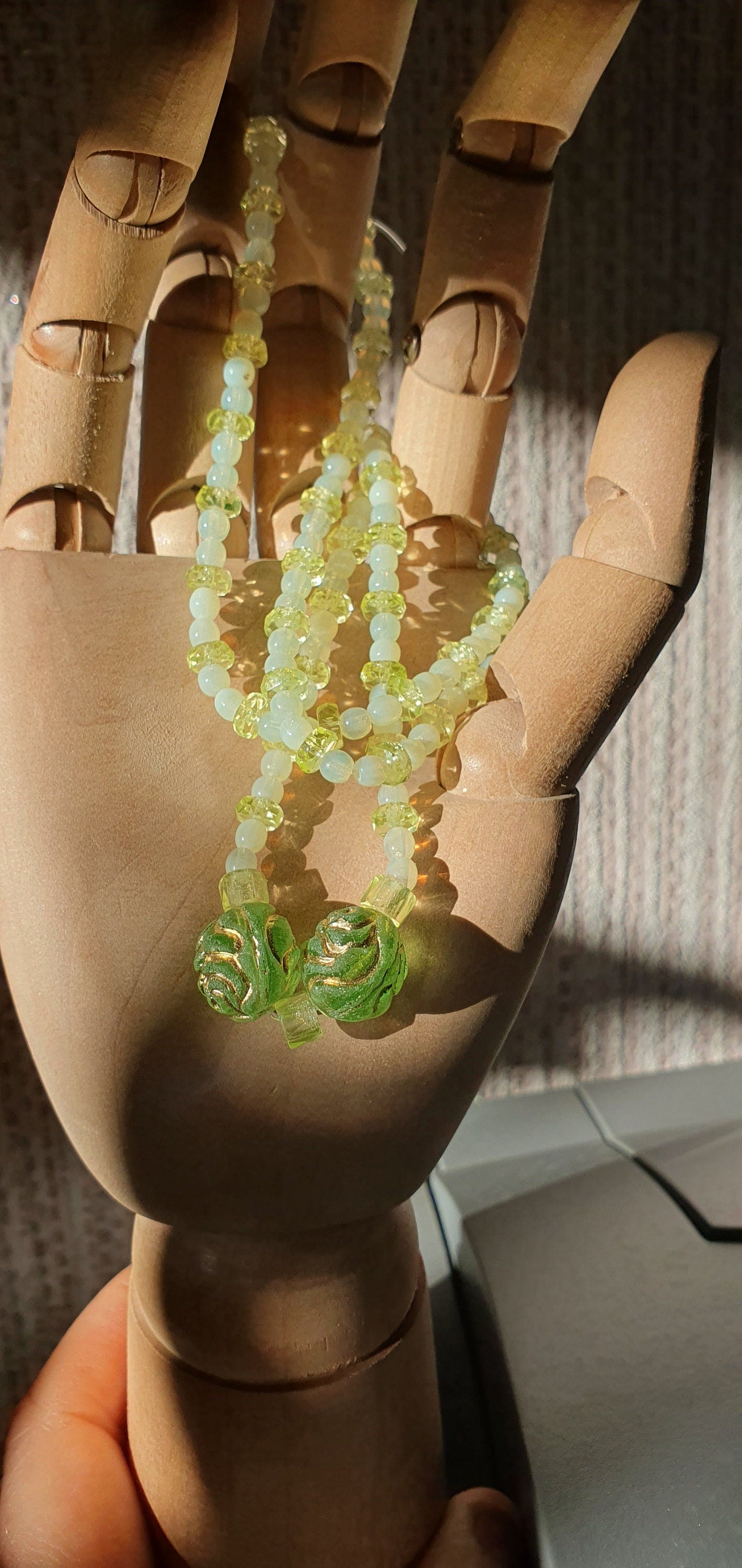 Czech Uranium glass necklace vaseline glass beads vintage jewelry #23007