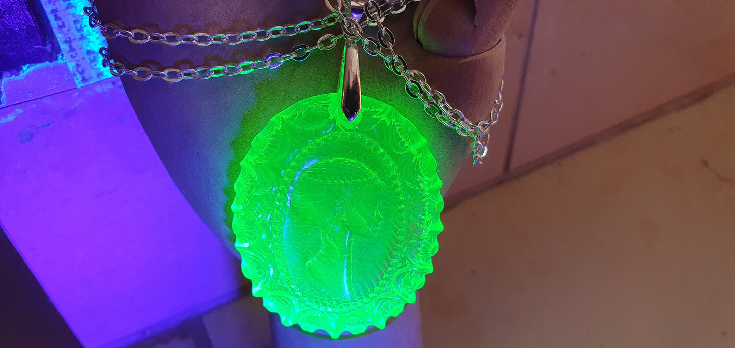 Uranium glass camea medal with necklace vaseline glass vintage jewelry