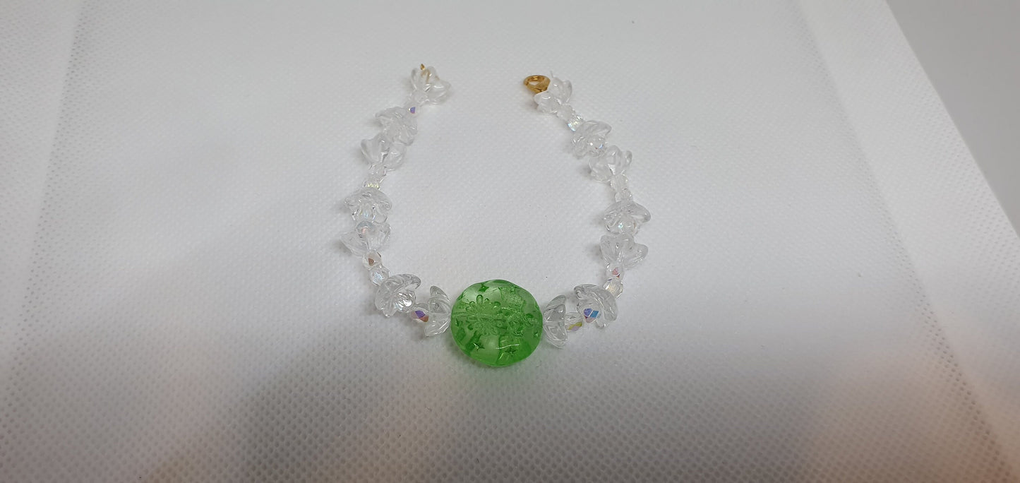 Czech Uranium glass bracelet vaseline glass beads vintage jewelry #24013