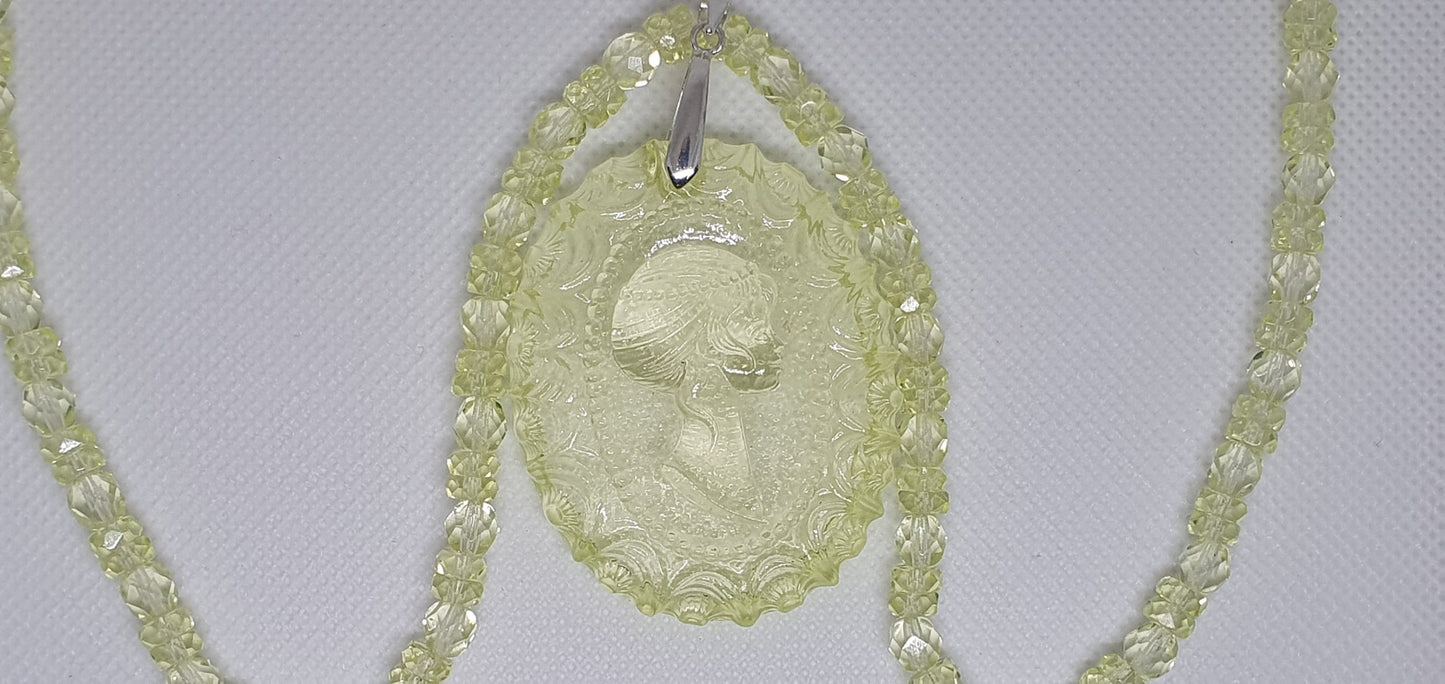 Czech Uranium glass necklace+pendant vaseline glass beads jewelry #24021