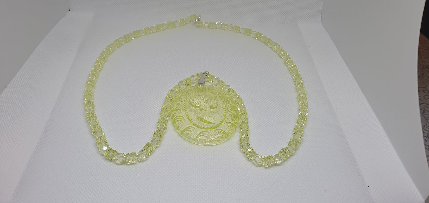 Czech Uranium glass necklace+pendant vaseline glass beads jewelry #24021