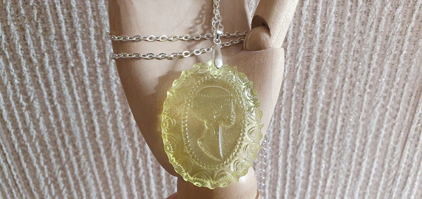 Uranium glass camea medal with necklace vaseline glass vintage jewelry