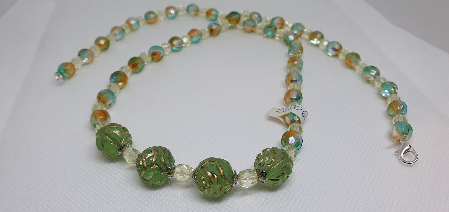 Czech Uranium glass necklace vaseline glass beads vintage jewelry #24006