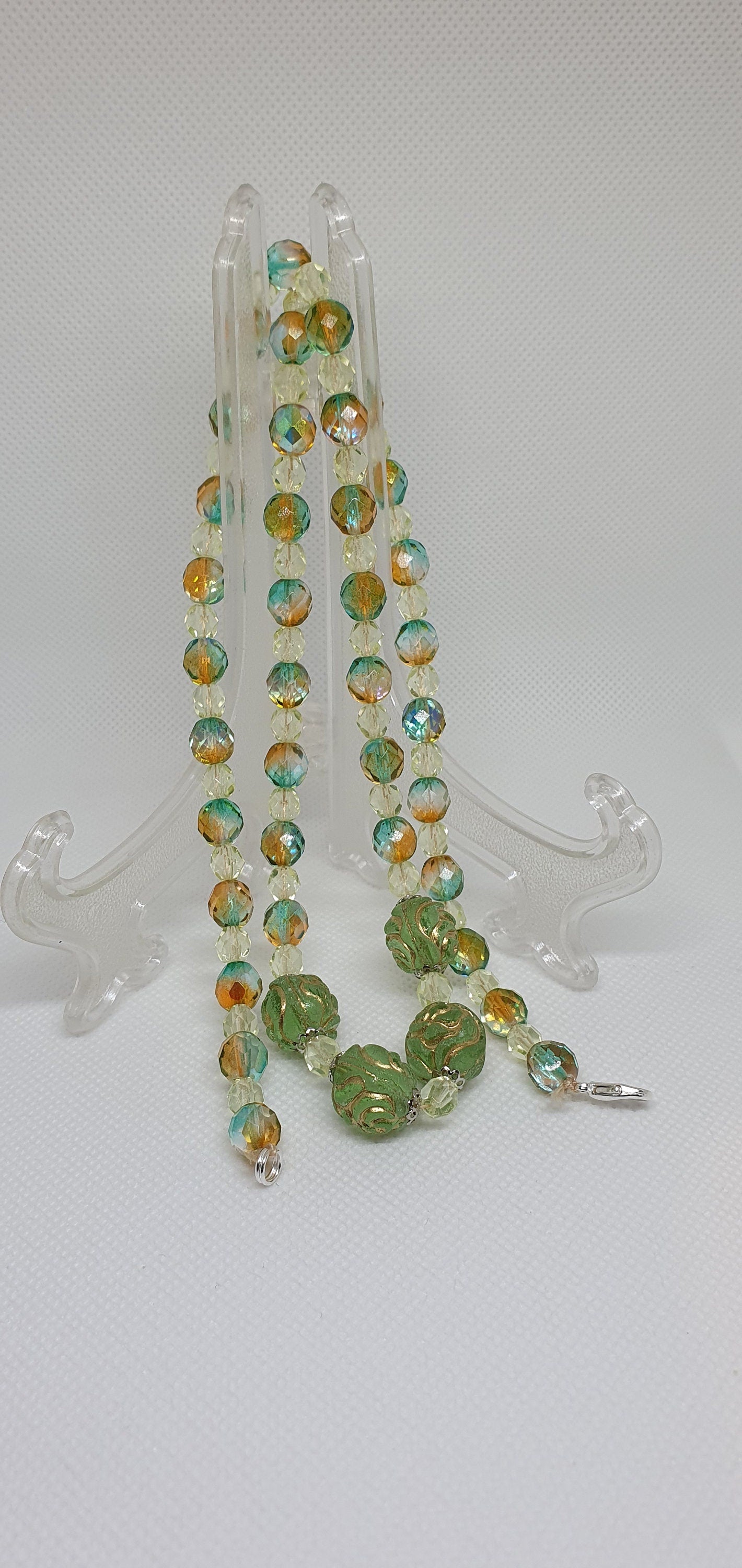 Czech Uranium glass necklace vaseline glass beads vintage jewelry #24006