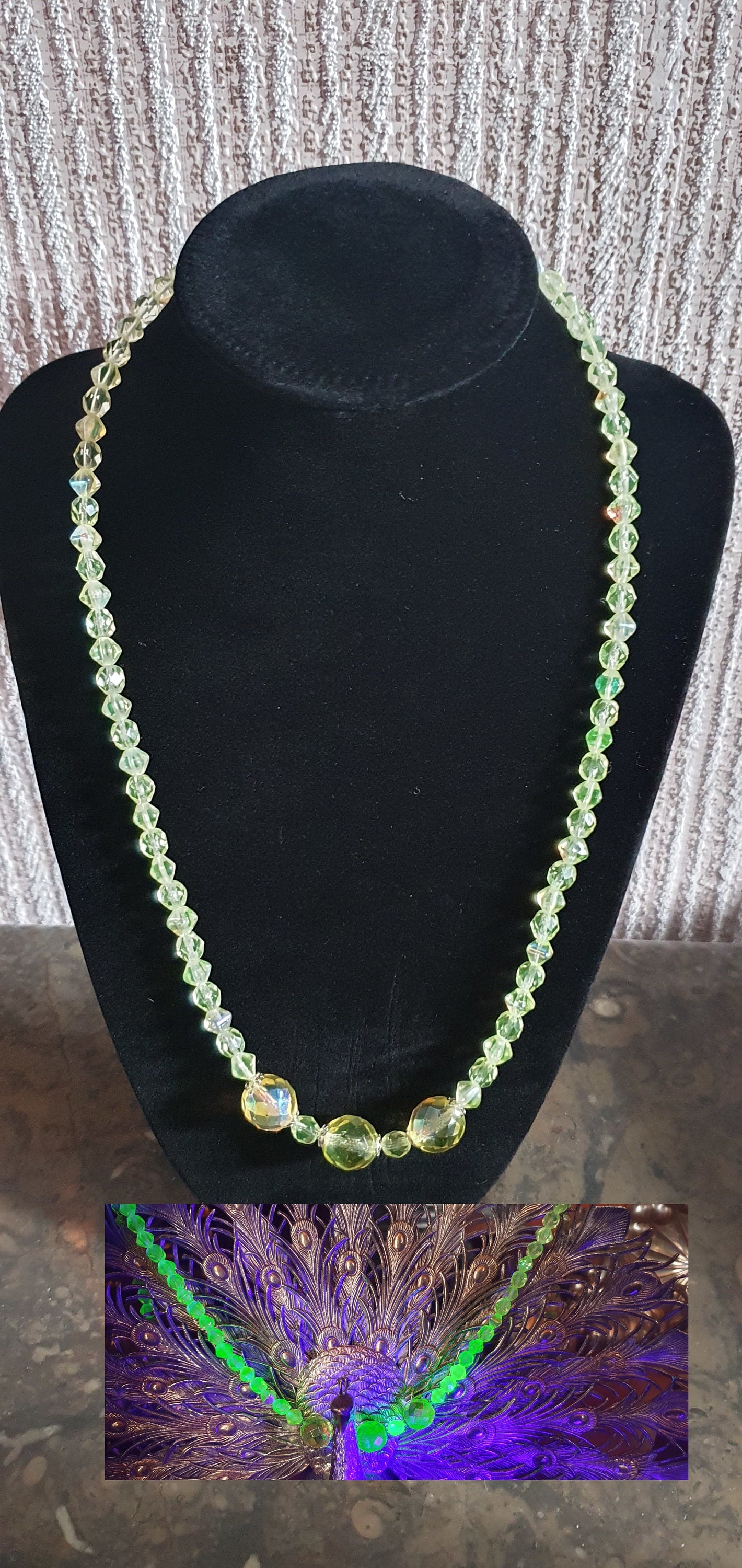 Czech Uranium glass necklace vaseline glass beads vintage jewelry #24030