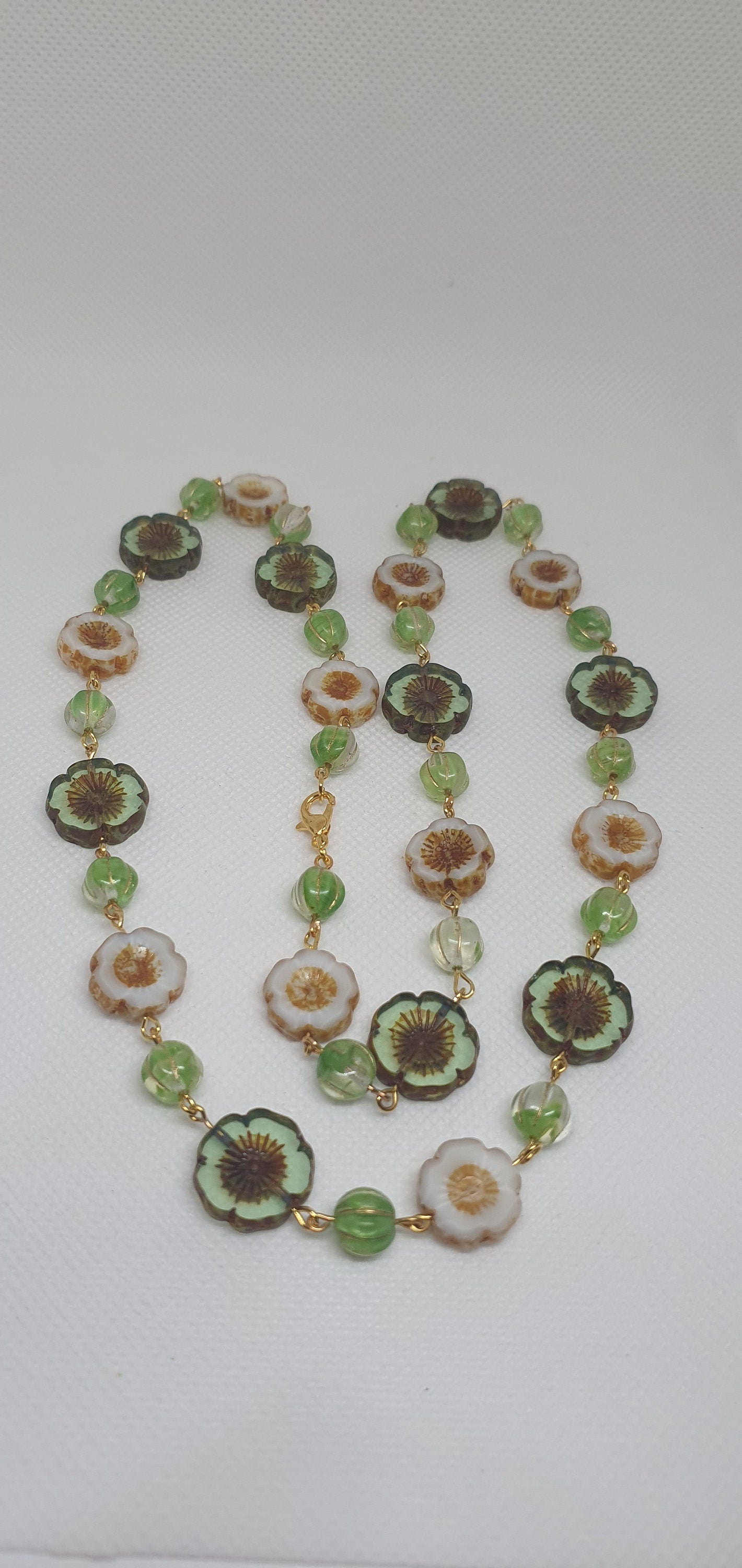 Czech Uranium glass necklace vaseline glass beads vintage jewelry #24022