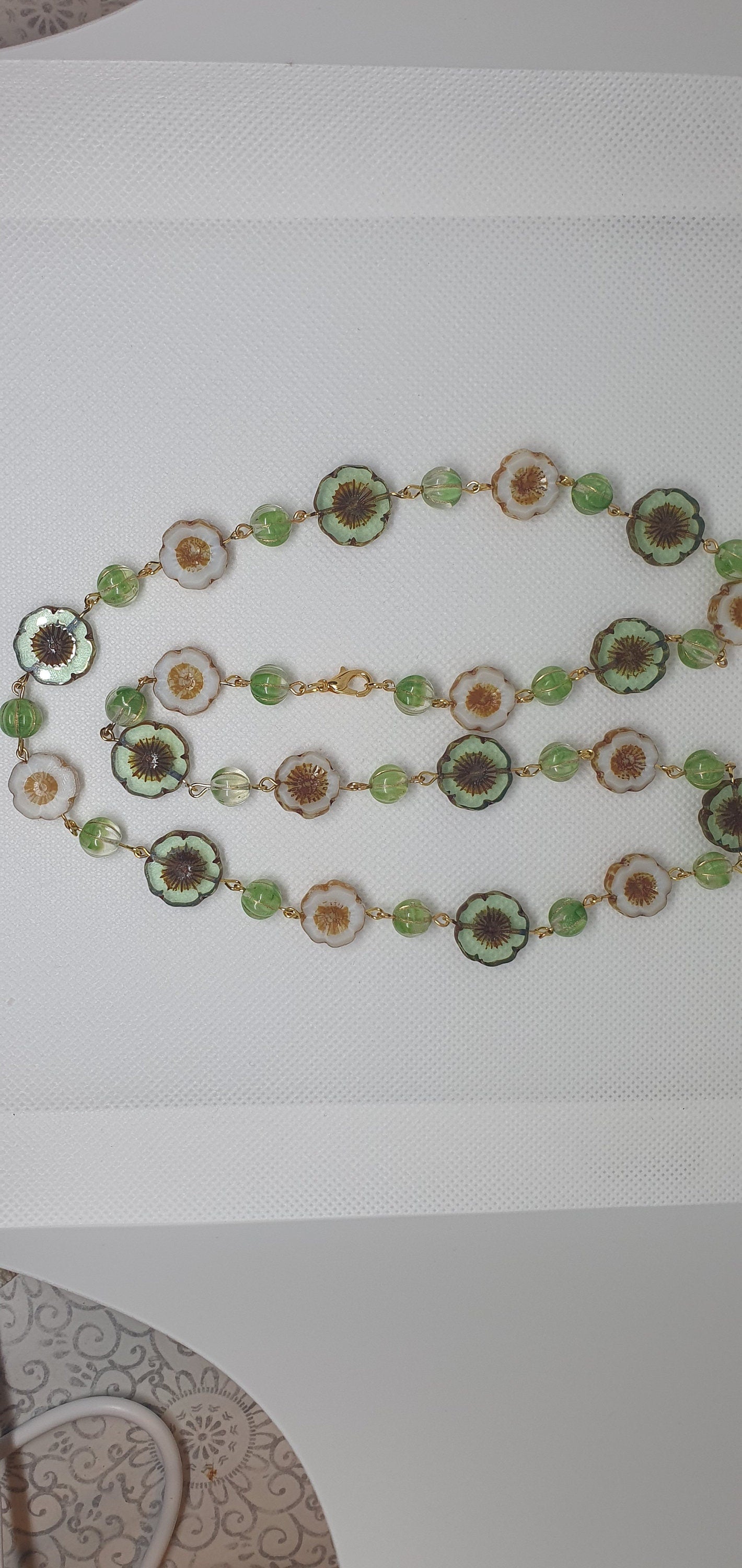 Czech Uranium glass necklace vaseline glass beads vintage jewelry #24022