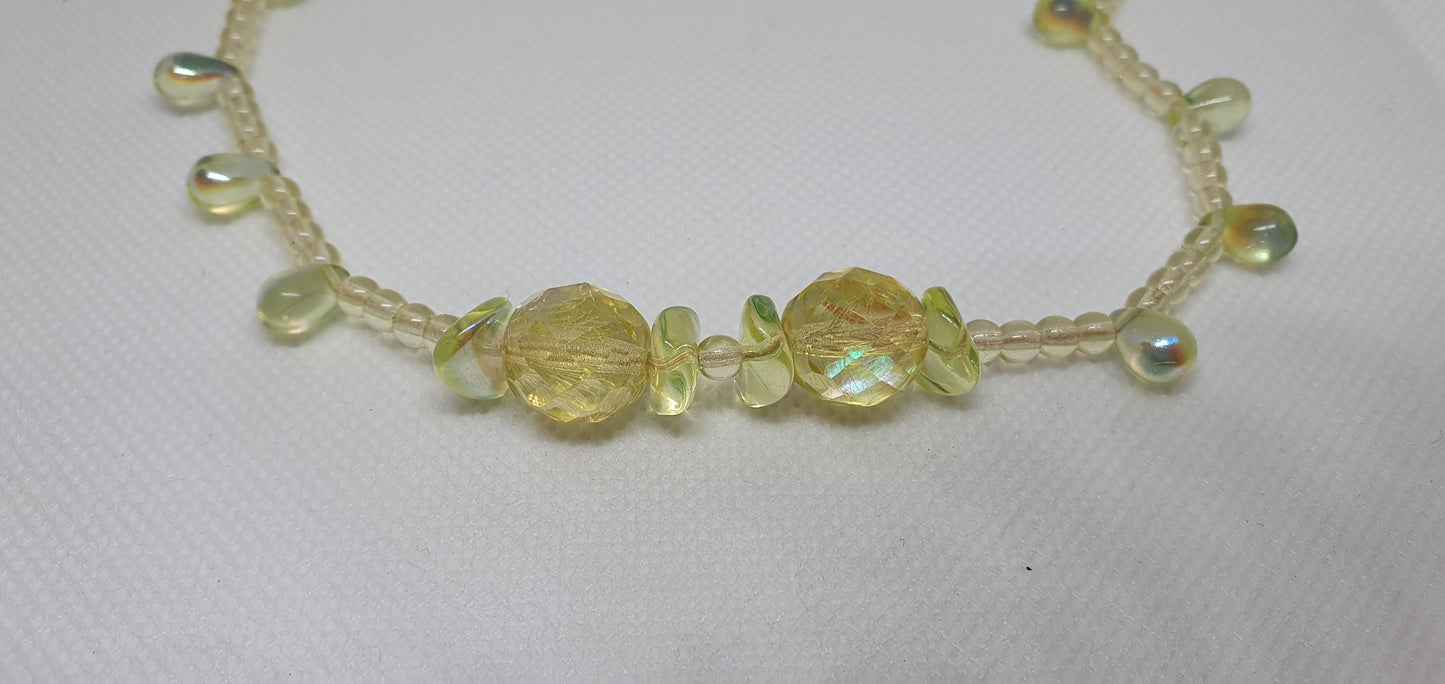 Czech Uranium glass necklace vaseline glass beads vintage jewelry #24023