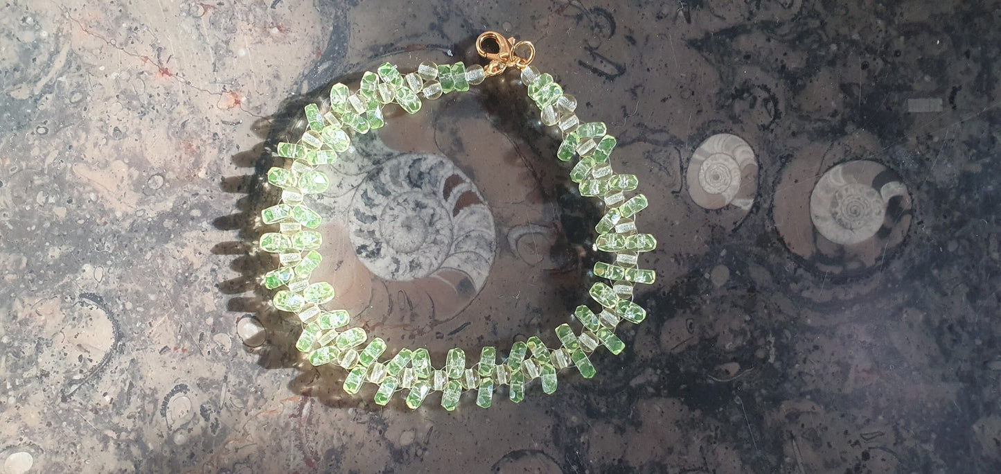 Czech Uranium glass bracelet vaseline glass beads vintage jewelry #24026