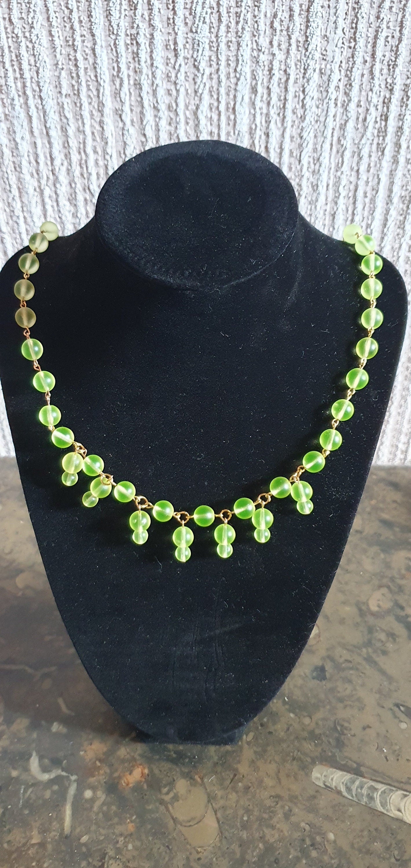 Czech Uranium glass necklace vaseline glass beads vintage jewelry #24035