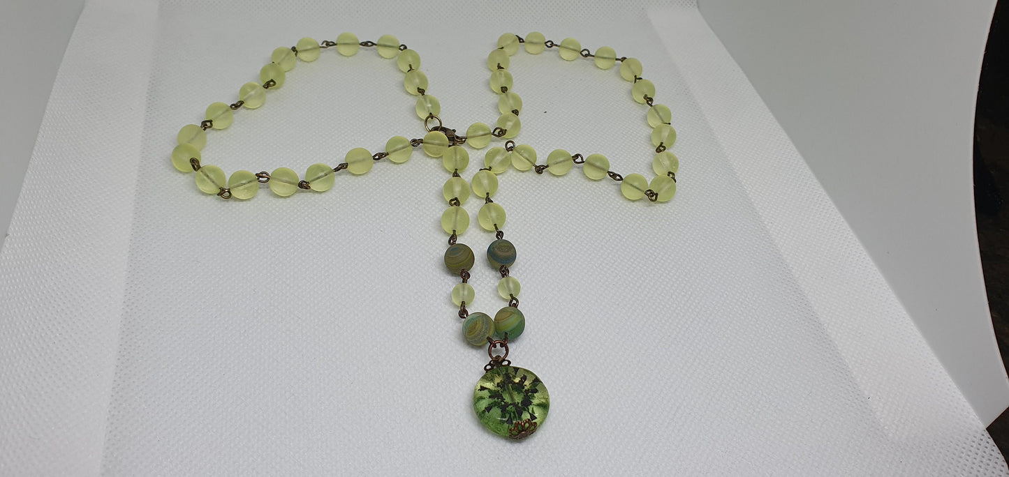 Uranium glass necklace vaseline glass beads vintage jewelry #24027