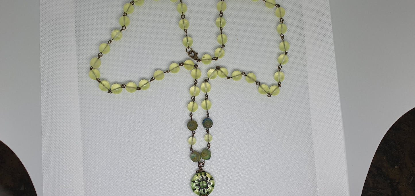 Uranium glass necklace vaseline glass beads vintage jewelry #24027