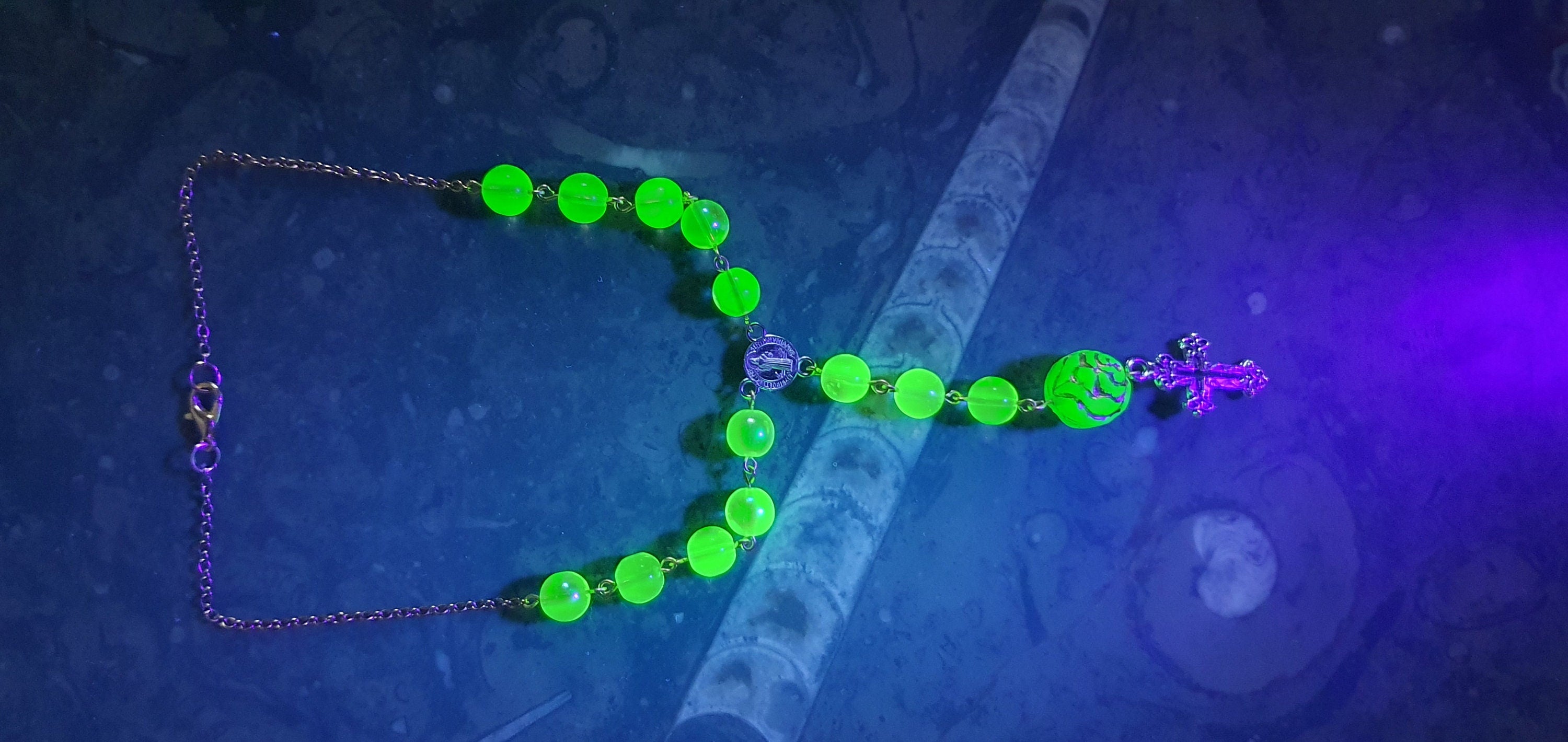 Rosary made with Czech Vaseline glass store beads and UV keychain flashlight