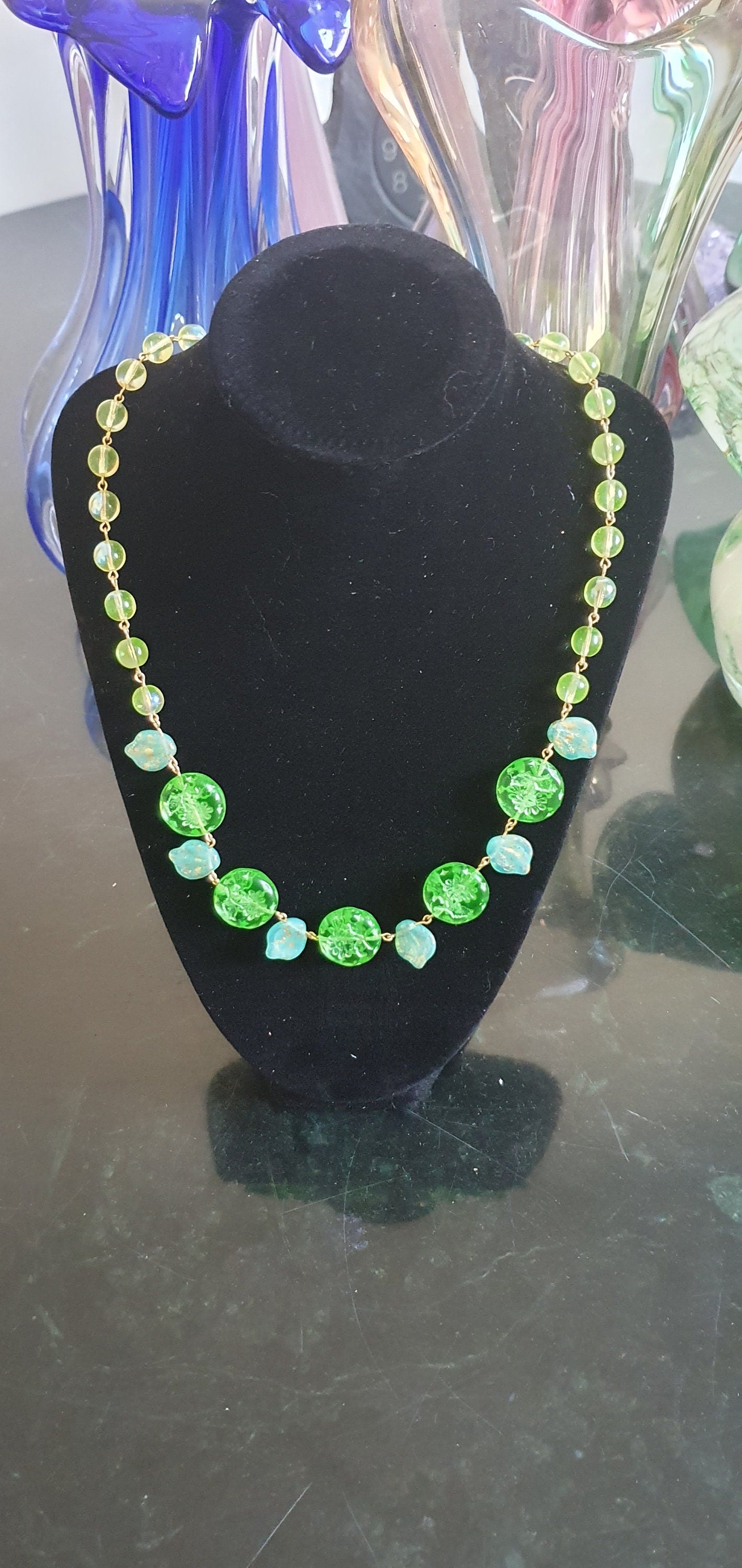 Genuine Uranium glass necklace vaseline beads vintage jewelry #24040