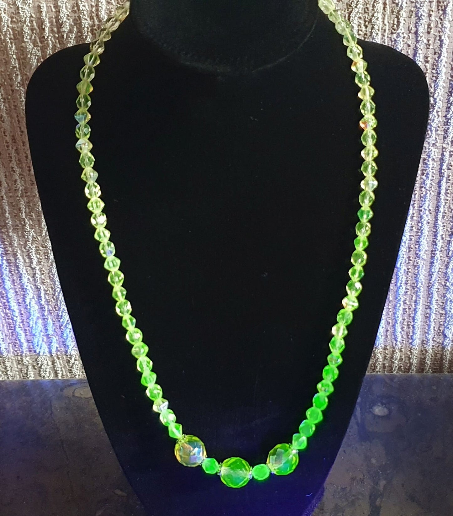 Czech Uranium glass necklace vaseline glass beads vintage jewelry #24030