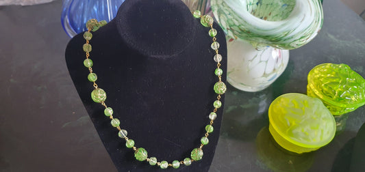 Czech Uranium glass necklace vaseline glass beads vintage jewelry #24044