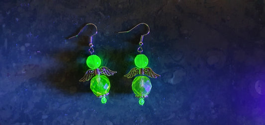 Czech Uranium glass angel earrings vaseline glass beads vintage style #24045