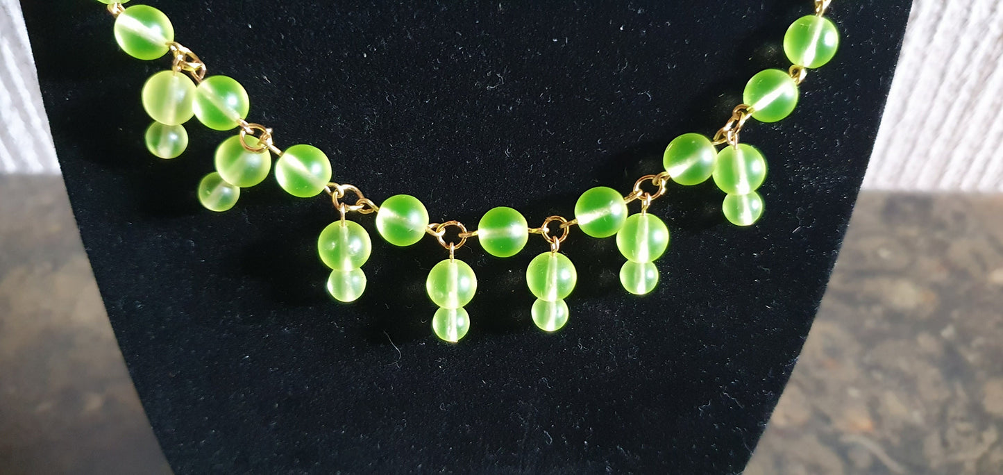 Czech Uranium glass necklace vaseline glass beads vintage jewelry #24035