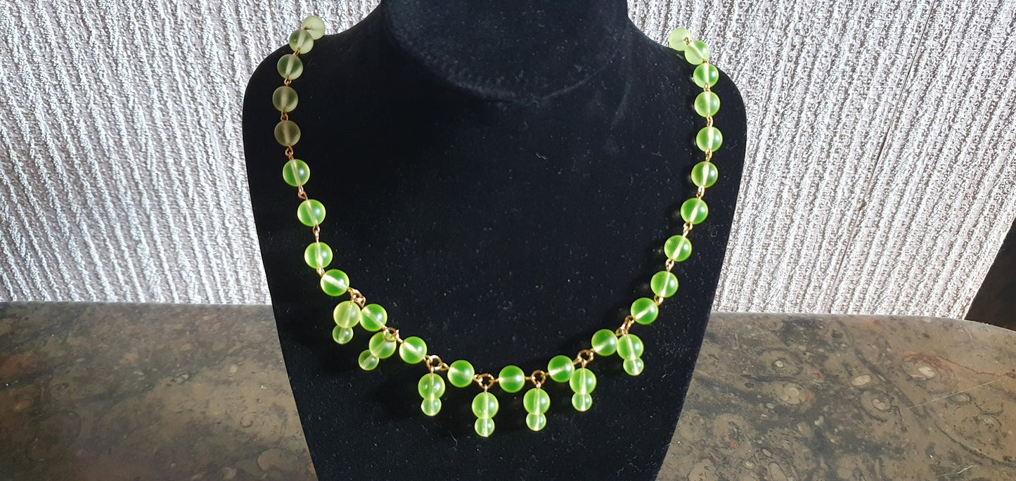 Czech Uranium glass necklace vaseline glass beads vintage jewelry #24035