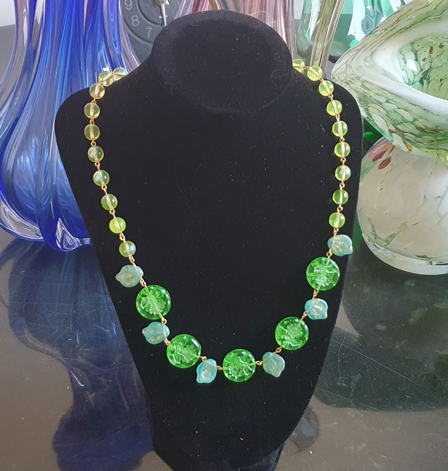 Genuine Uranium glass necklace vaseline beads vintage jewelry #24040