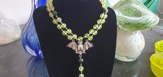 Czech Uranium glass gothic necklace vaseline glass beads party Halloween jewelry #24042