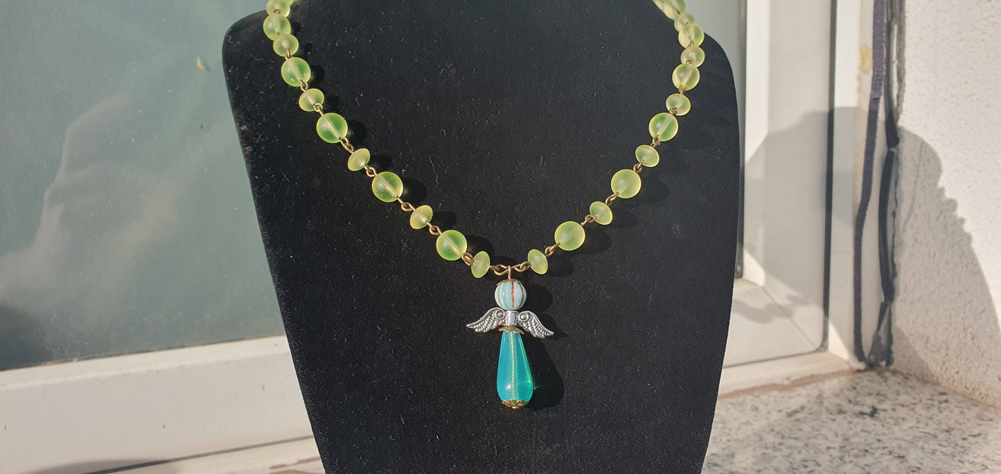 Angel Uranium glass necklace vaseline glass beads handmade #24060