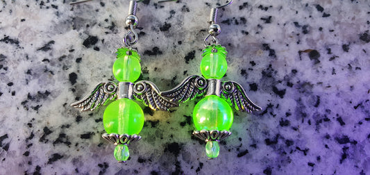 Czech Uranium glass angel earrings vaseline glass beads vintage style #24046