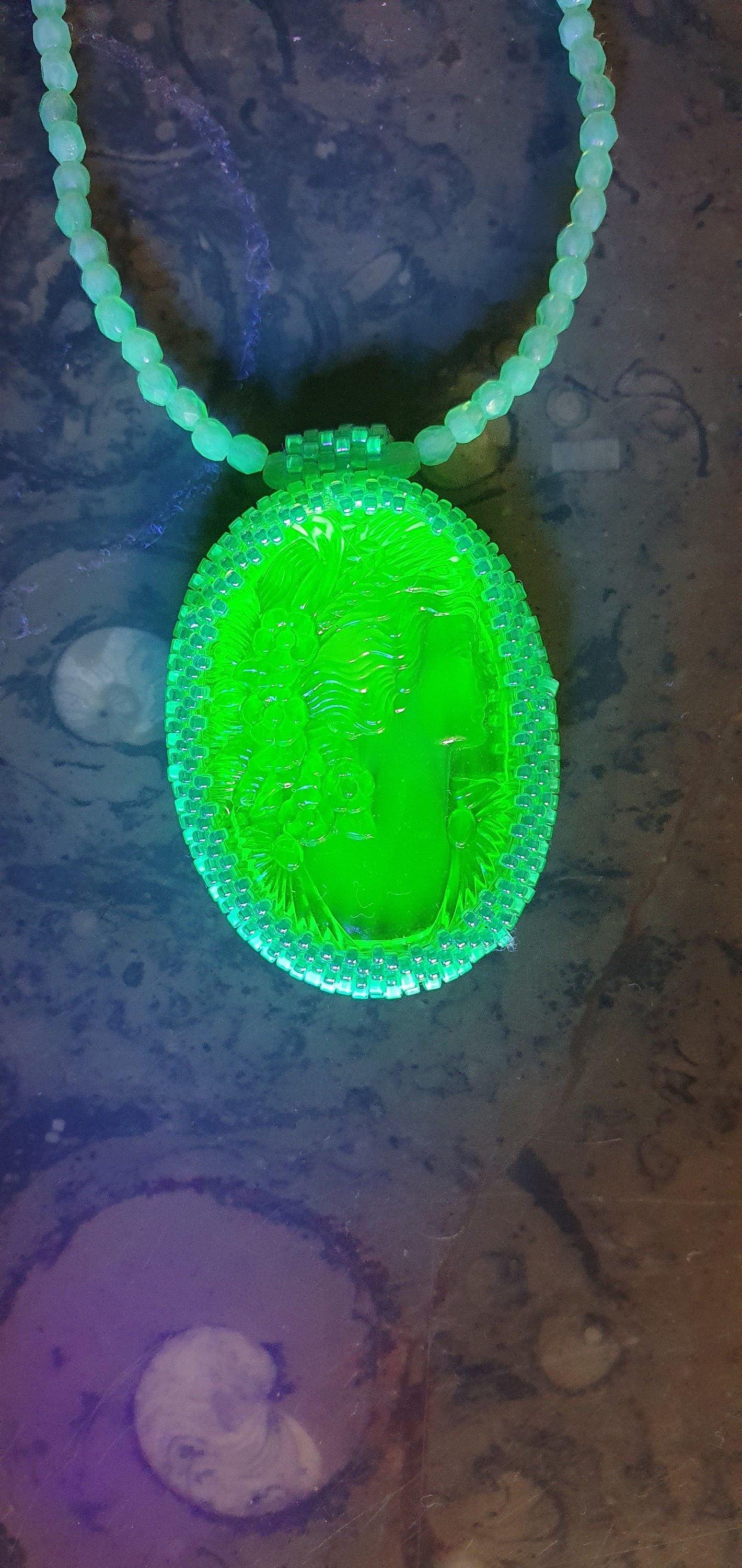 Unique Handmade Czech Uranium glass necklace vaseline glass beads #24061