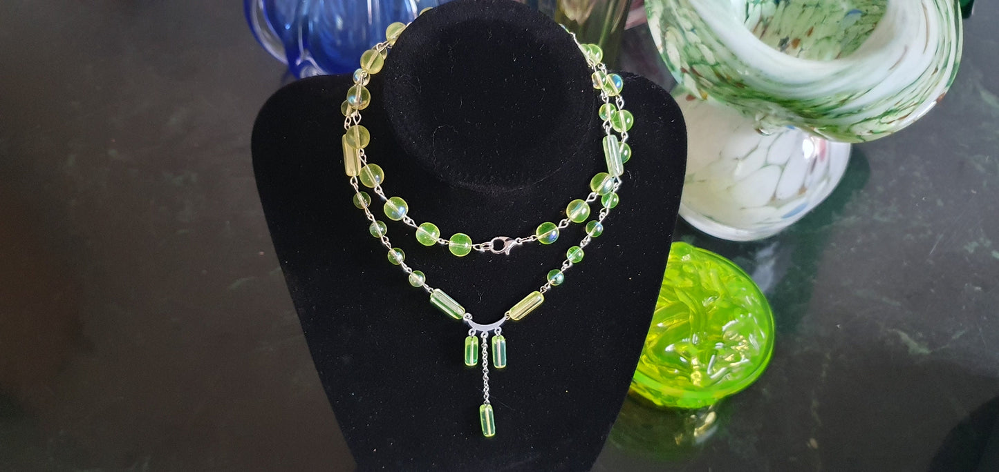 Czech Uranium glass necklace vaseline glass beads vintage jewelry #24052