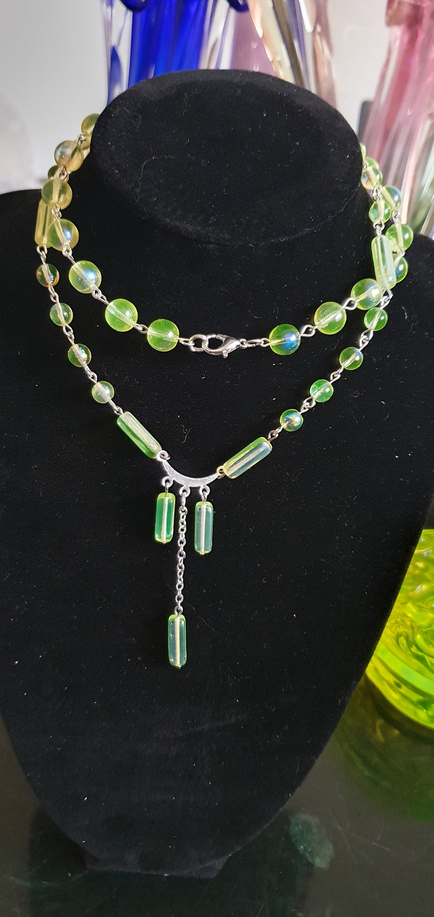 Czech Uranium glass necklace vaseline glass beads vintage jewelry #24052