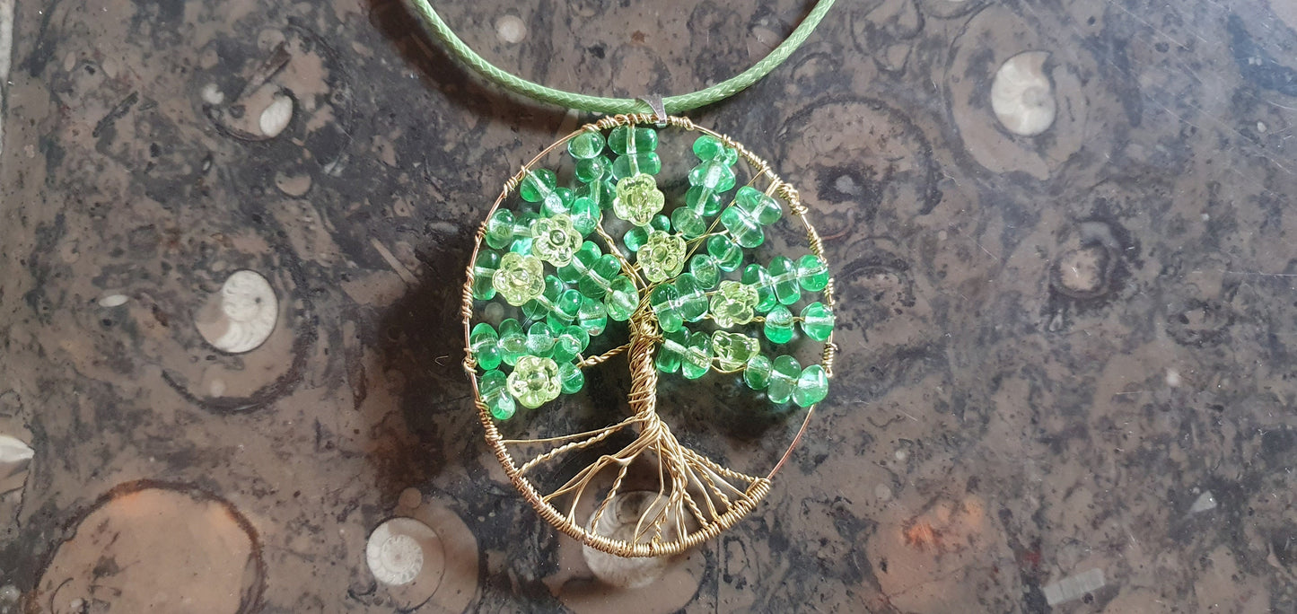 Tree of life pendant Uranium glass necklace vaseline beads handmade #24068