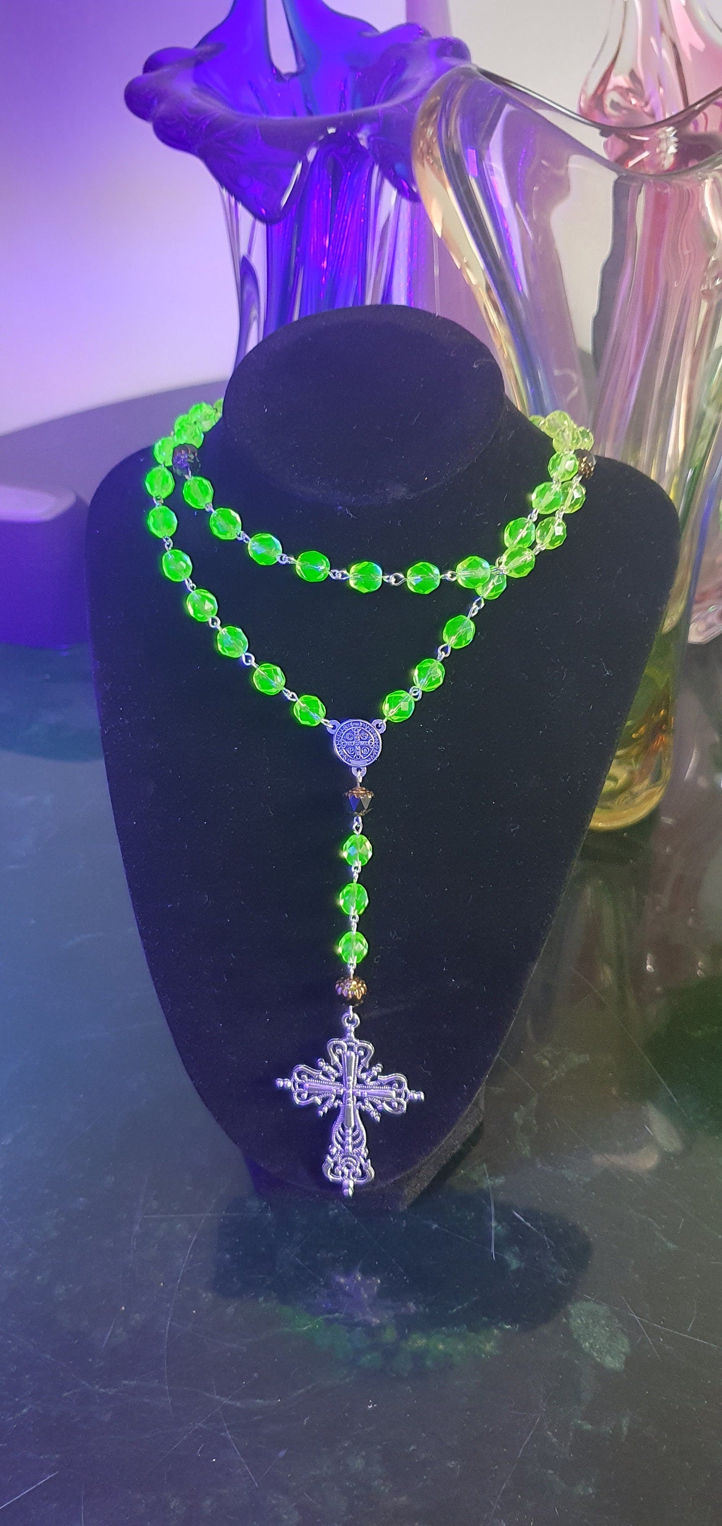 Rosary gothic cross from czech Uranium glass beads vintage style jewelry #24067