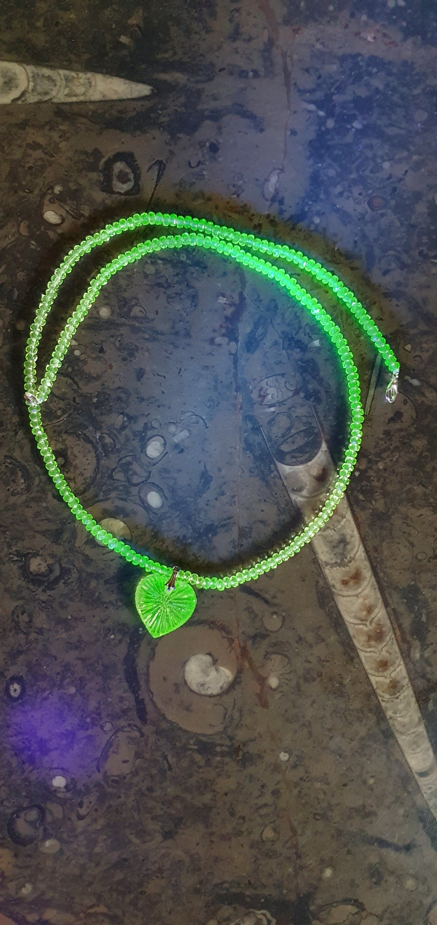 Heart Uranium glass necklace vaseline glass beads handmade #24058