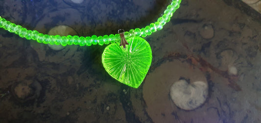 Heart Uranium glass necklace vaseline glass beads handmade #24058